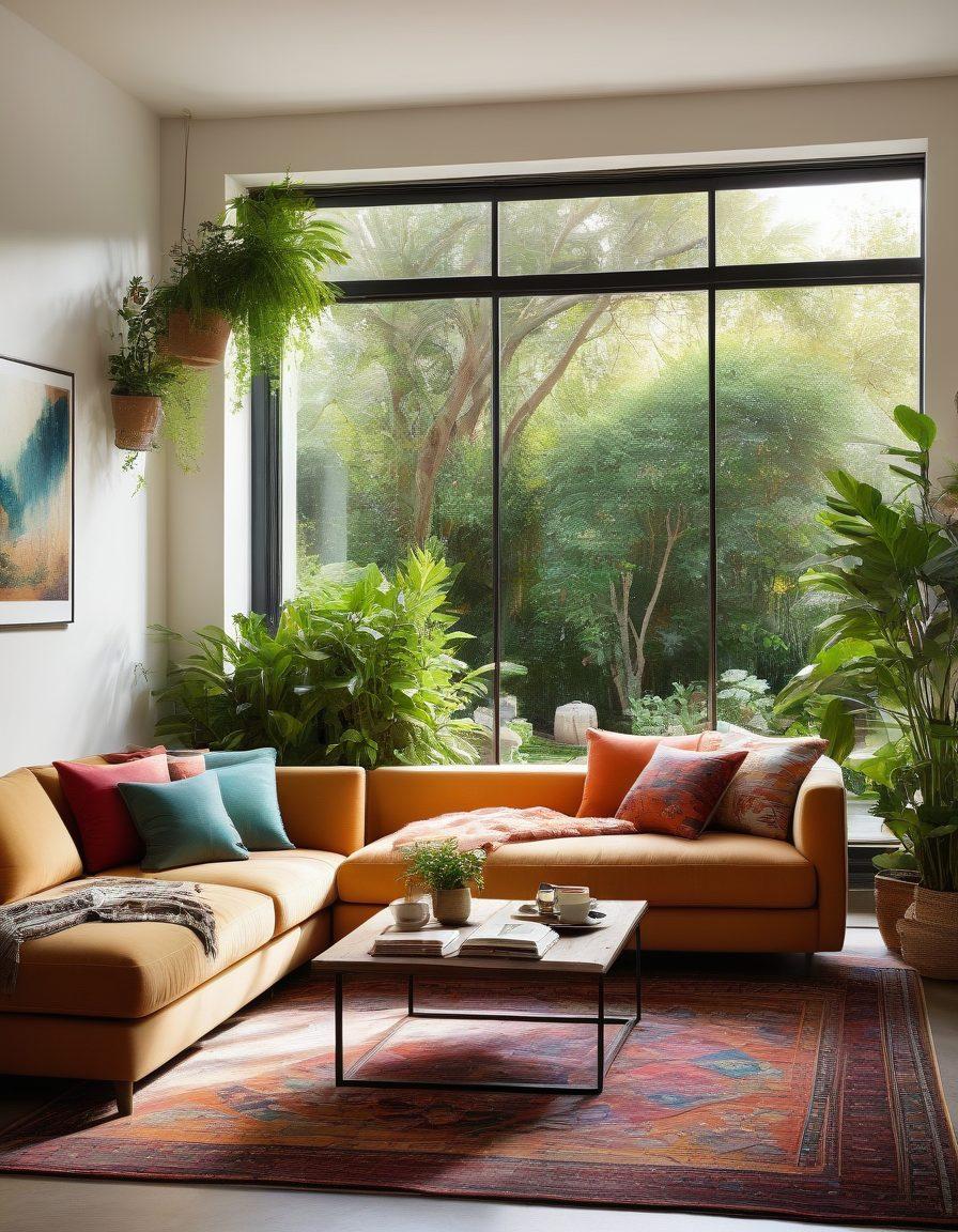 A serene living room filled with warm sunlight, featuring a cozy sofa adorned with colorful cushions, plants in every corner, and an open window showcasing a beautiful garden. Include a soft rug and a coffee table with an open book and a steaming cup of tea, conveying a sense of peace and contentment. super-realistic. warm tones. inviting atmosphere.
