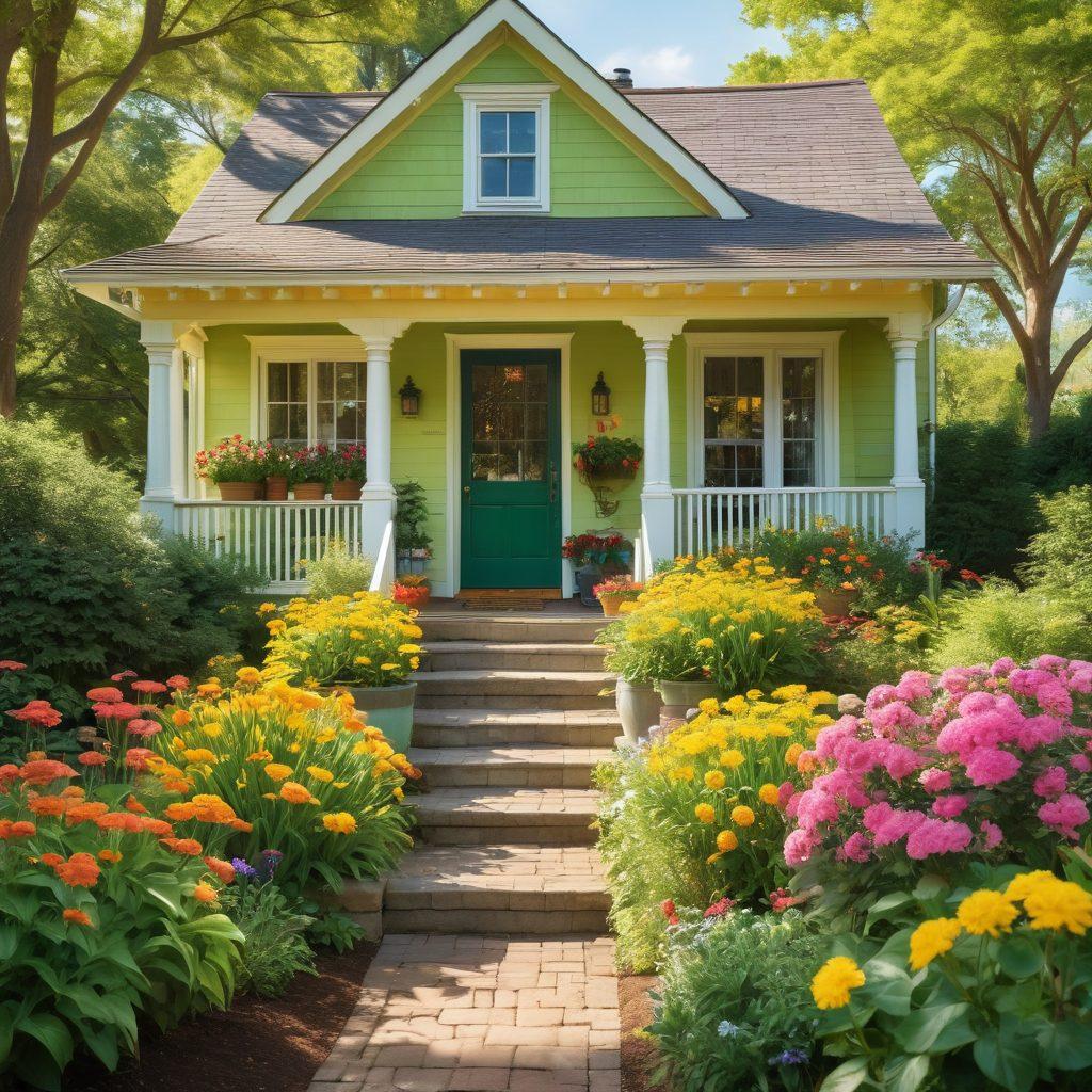 A happy family celebrating in front of their cozy home, with colorful flowers blooming in the garden. Bright sunlight filtering through the trees, casting cheerful shadows on a welcoming porch adorned with potted plants. A sense of community shown with neighbors chatting, sharing smiles. Lively hues of green and yellow evoke warmth and joy. super-realistic. vibrant colors. soft focus.